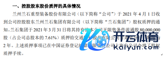 兰石重装控股推动兰石集团质押8000万股 用于旺盛本身融资需要